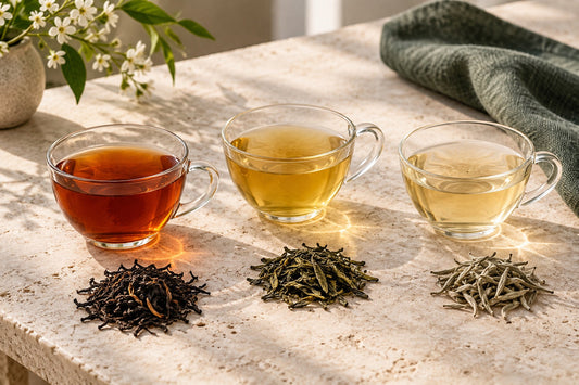 Three glass cups of amber, golden and pale tea with loose leaves on ivory stone beside green linen.