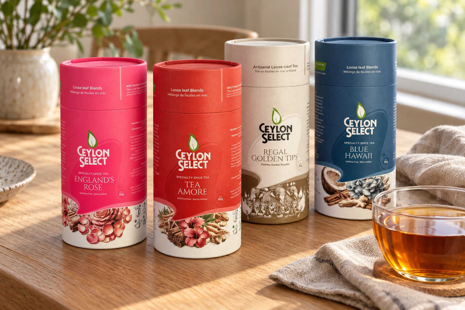 England's Rose, Tea Amore, Regal Golden Tips and Blue Hawaii — four tea canisters arranged together