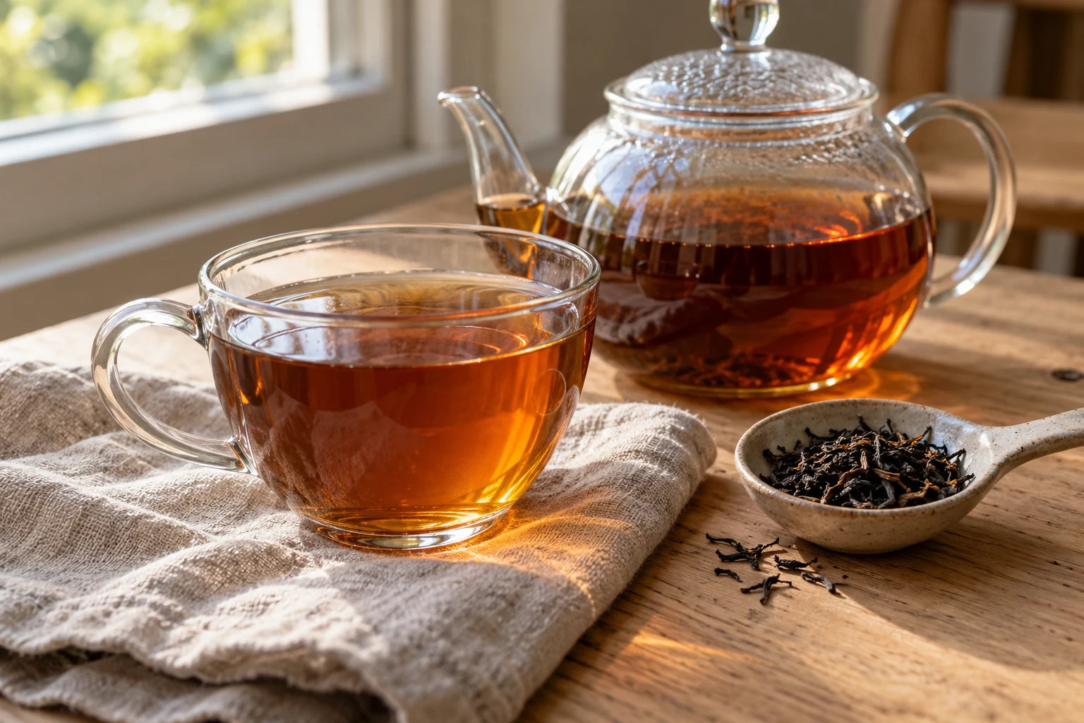 Amber Ceylon tea in clear glass, with a teapot and natural linen