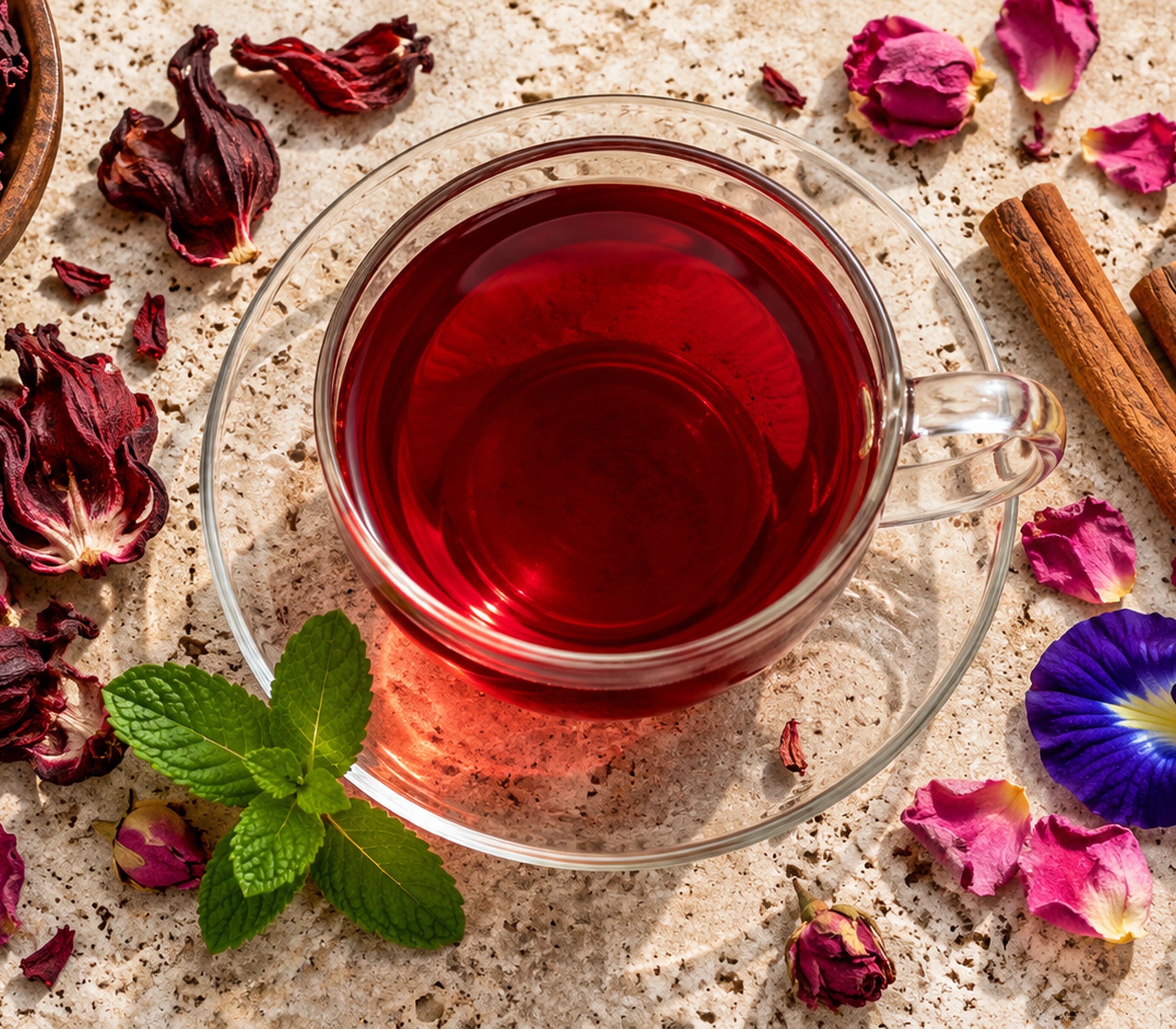 Overhead view of ruby tea surrounded by hibiscus, rose petals, mint and cinnamon