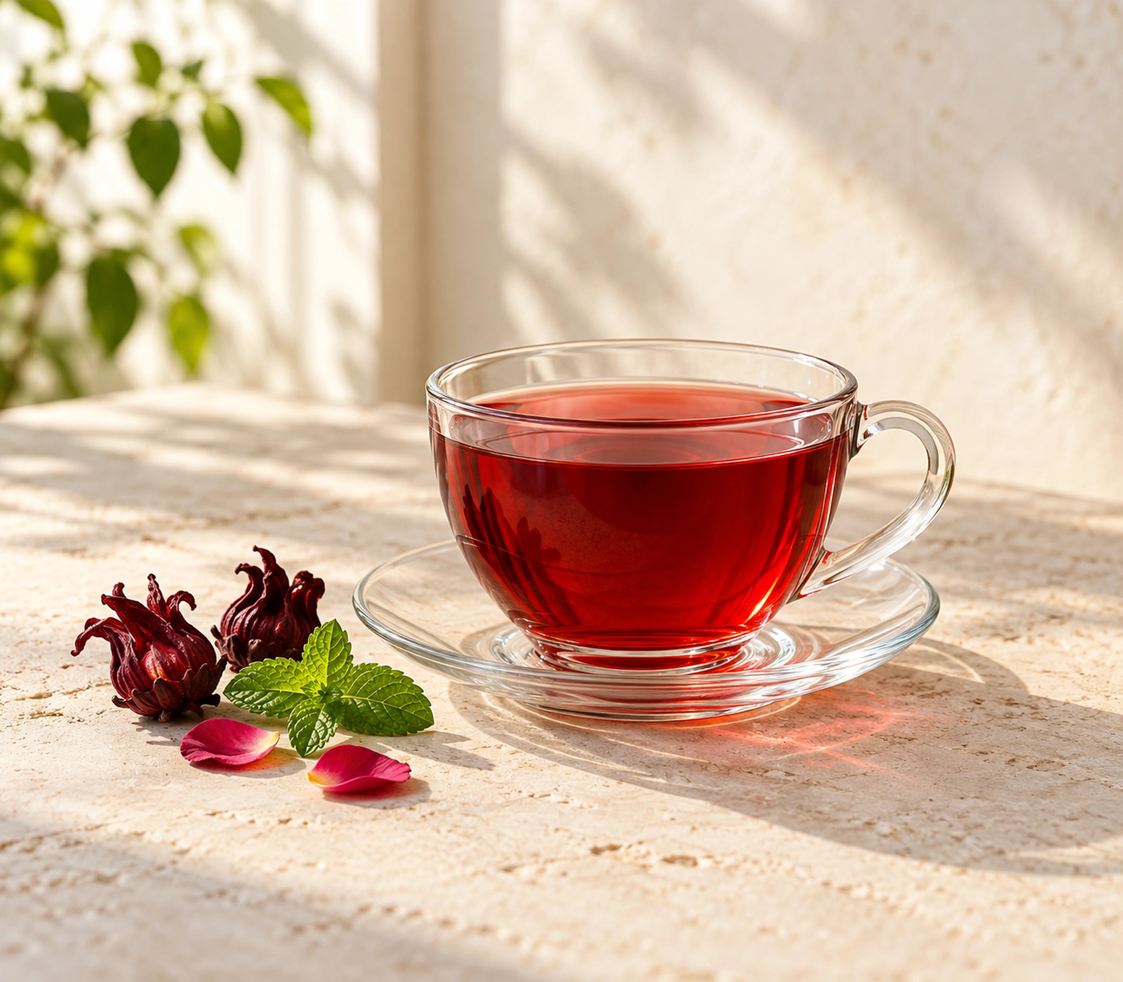 A clear ruby hibiscus tea with a small grouping of hibiscus flowers, mint and rose petals