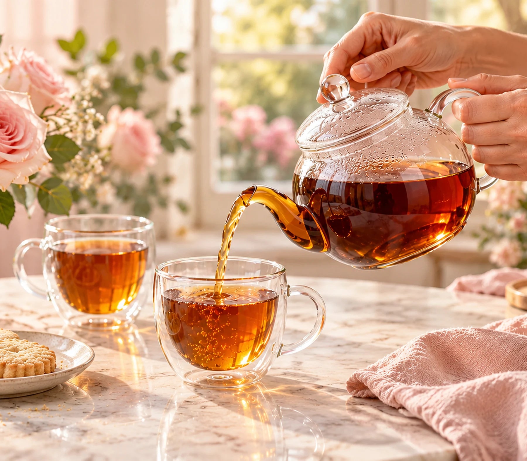 Amber tea poured from a glass teapot beside roses