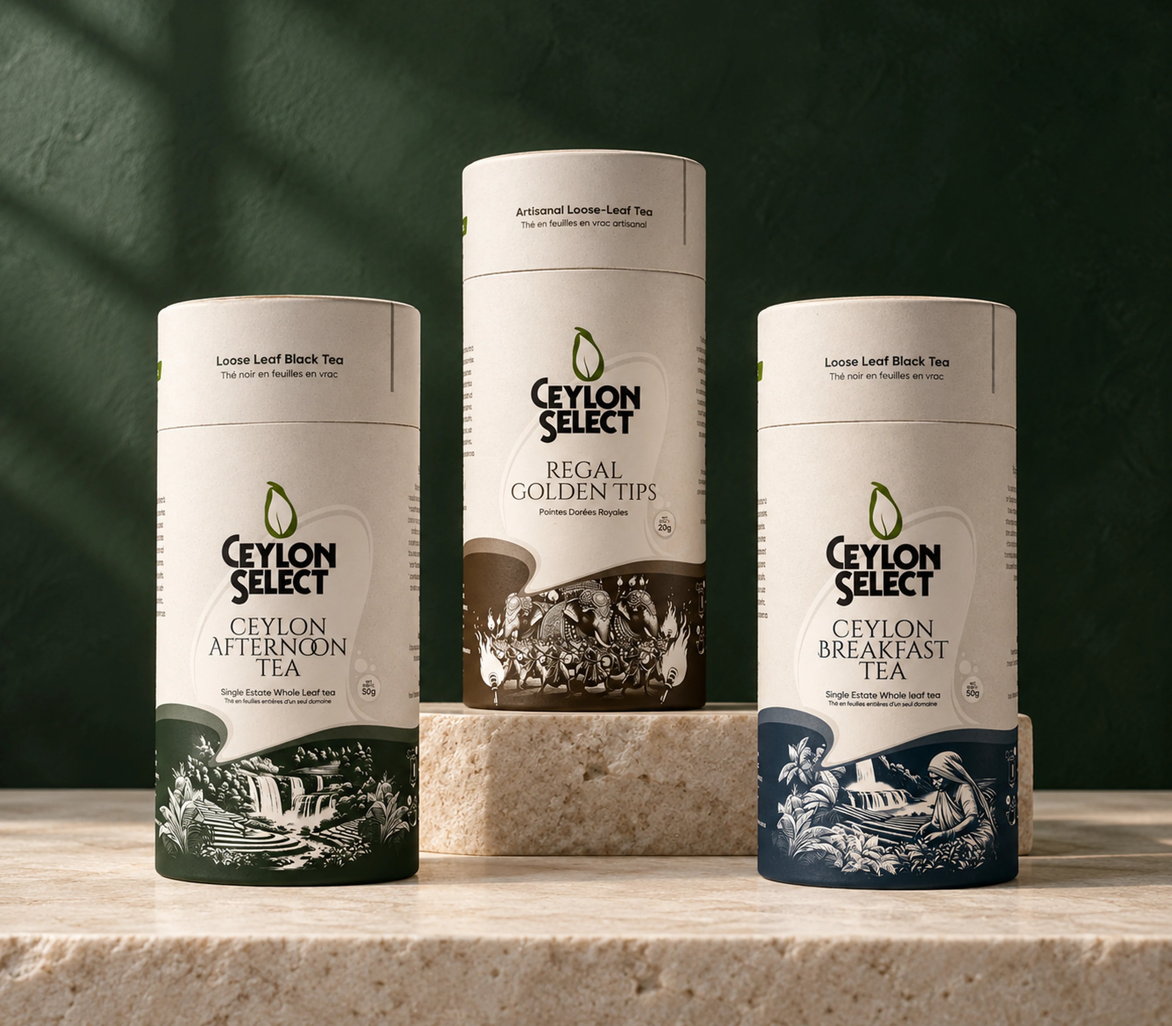 Ceylon Afternoon Tea, Regal Golden Tips and Ceylon Breakfast canisters against forest green