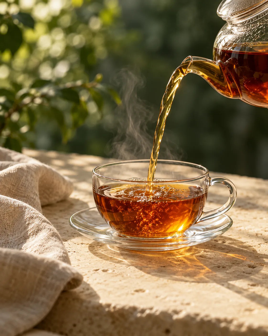 Ceylon tea being poured into a glass cup in morning light