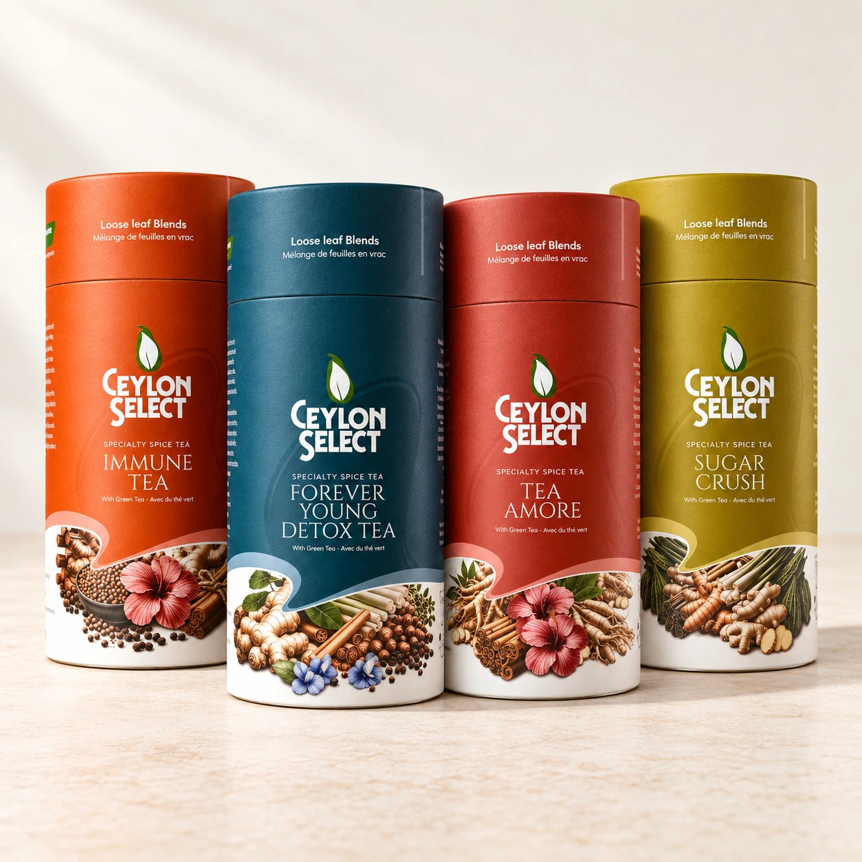 Premium green tea blends Bundle — studio visualisation of the included tea canisters